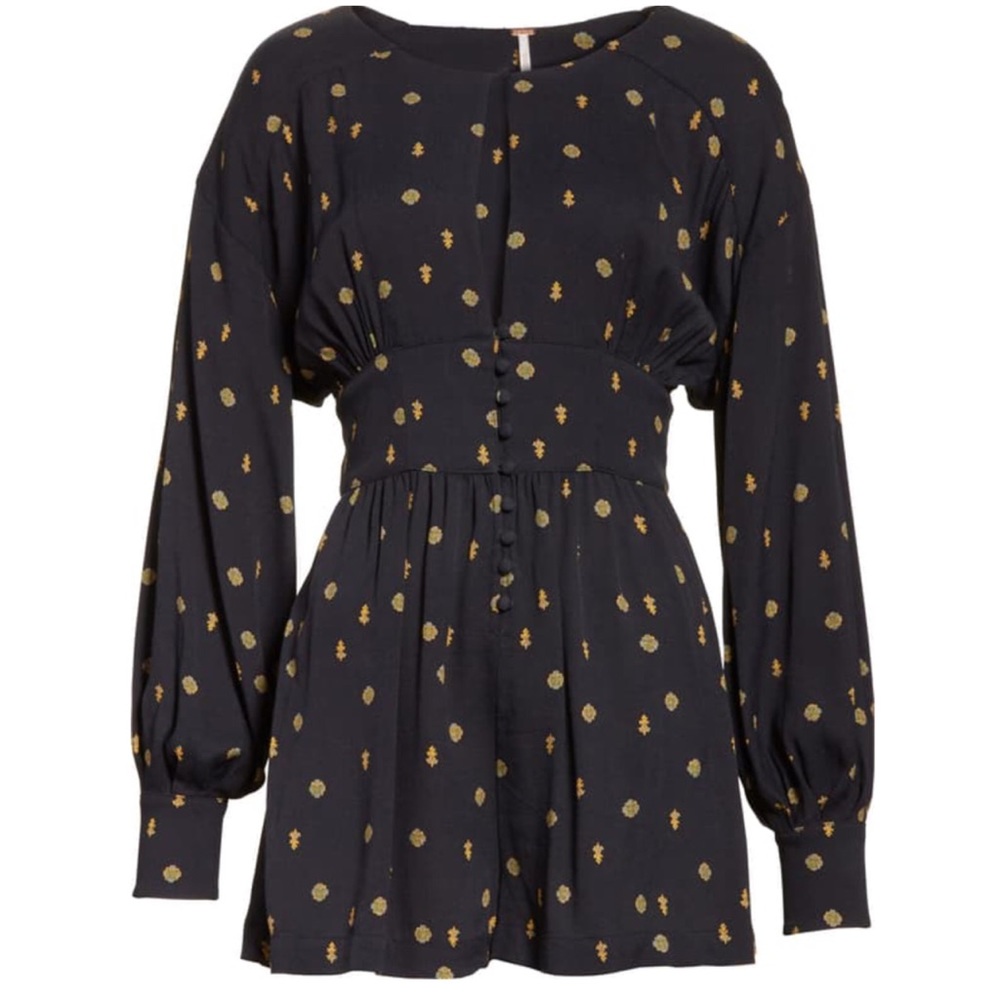 FREE PEOPLE Love Grows Romper Print Long Sleeve Leggy Short, Black Combo, XS - Picture 7 of 10